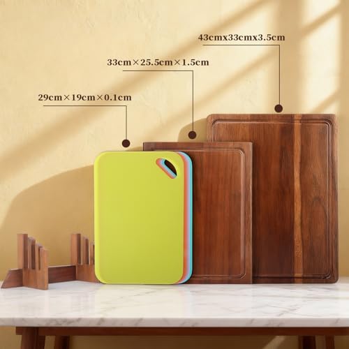 Muja Juego de 3 Tablas para Picar, Juego de Tablas para Picar Cocina con Soporte, con 4 Piezas Alfombrillas para Cortar de Plástico Flexible Perfectas Como Herramientas (43 * 33Madera)