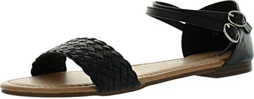Jade Footwear Women's Braided Ankle Strap Buckle Basic Comfort Flat Sandal,Black,7