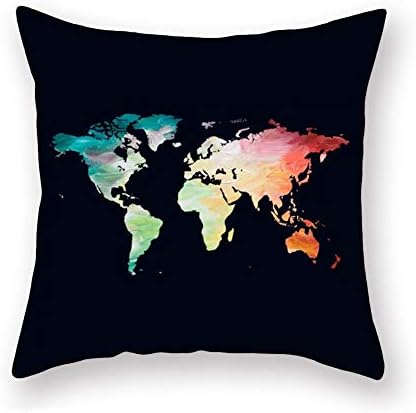 Colorful World Map Throw Pillow Covers Black Backdrop Travel Pillow Cases Geography Theme Home Living Room Decor Super Soft Cushion Cove Square Standard 18x18 Inches