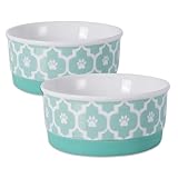 DII Bone Dry Lattice Ceramic Pet Bowl for Food & Water with Non-Skid Silicone Rim for Dogs and Cats (Small - 4.25" Dia x 2"H) Aqua - Set of 2