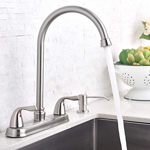 Hotis Commercial Stainless Steel Lead-Free Two Lever Two Hole Gooseneck High Arc Two Handle Kitchen Sink Faucet, Brushed Nickel Kitchen Faucet