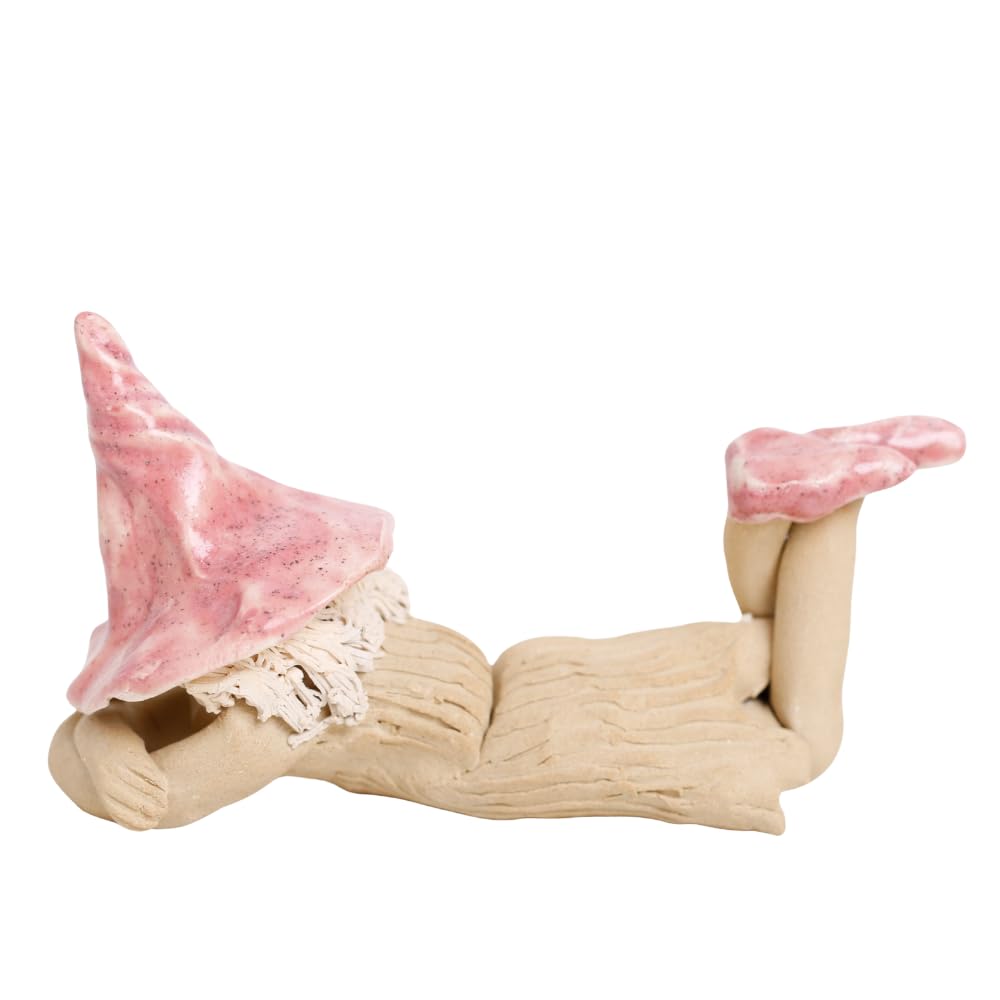 Shy fairy garden figurine, ceramic pixie plant pot ornament, pink laying down design.