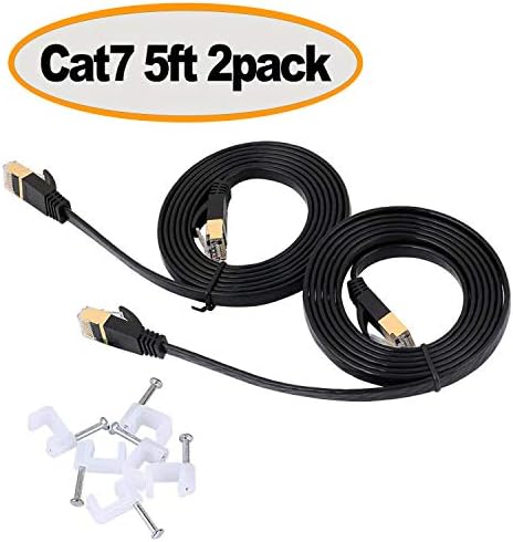Cat 7 Ethernet Cable 5 ft (2 Pack) Black – Shielded (STP) Flat Computer Cable with Snagless Rj45 Connectors– 5 feet (2 Pack)