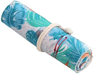 Spaufu Rollup Pen Bag Flamingo Leaf Patterned Canvas Pencil Case Multifunctional Makeup Cosmetic Tools Organizer Artist Pen Carrier Pouch Green 36 Holes