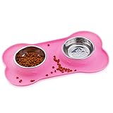 Super Design Stainless Steel Water Food Bowls in Non-Skid & No Spill Silicone Mat,for Small Dogs or Cats, Small, Pink