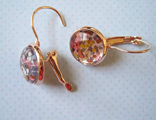 Rose Gold-tone Pearly Silver and 5 Metal Glitter Glass Drop Earrings Hand-painted