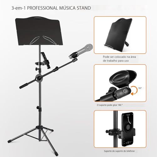 VEDO suporte de partitura é dobrável, possui suporte removível para microfone e telefone, é um dispositivo portátil e leve, com prendedor de partitura e bolsa para transporte de instrumentos musicais.