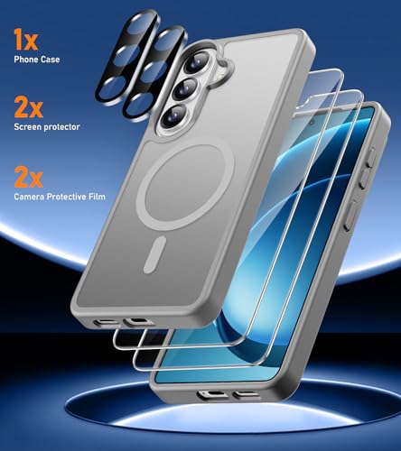 ivencase 5 Pieces Magnetic Case for Samsung Galaxy S26 Compatible MagSafe with 2 Tempered Glass and 2 Camera Protectors, 360° Protection, Anti-Shock, Anti-Yellow Flip Cover Case Cover Case S26, Grey