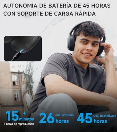 W800BT Pro Auriculares con Cancelación Activa del Ruido Híbridos, Bluetooth 5.4, Audio Hi-Res, Reducción del Ruido de Las Llamadas AI, 45 Horas de Autonomía, Carga Rápida, Plegable - Negro