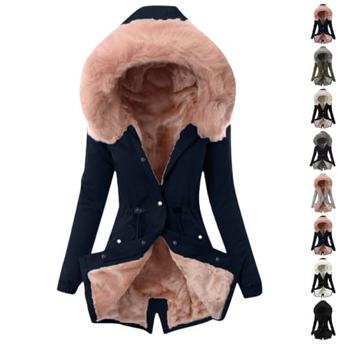 Winter Coats for women uk, Fleece Jacket Women Long Warm Outdoor Windproof Quilted Down Coat with Fur Hood Zip up Padded Thick Parka XL