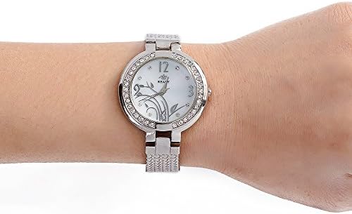 Women Wrist Watch Crystal Accented Watch Flower-Plated Dial Ultra Thin Quartz Watch Bracelet Ladies Watch Silver