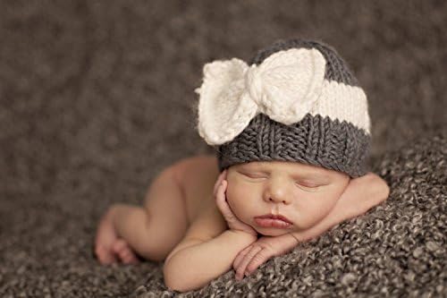 The Blueberry Hill "Sabrina" Knitted Hat Gray w/ Cream Bow | Super Soft Children's Winter Hat and Photography Prop (Child 2-5 Years)