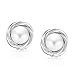 White Dome Simulated Pearl Cable Bezel Set Clip On Earrings For Women Non Pierced Ears Silver Plated Brass