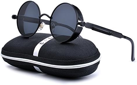 SPLOV Classic Steam Punk Sunglasses Polarized Circular Reflective Eyewear (Black)