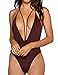 Women Monokini Swimsuits One Piece Bathing Suit Deep V Stylish Backless String (L, Burgundy)