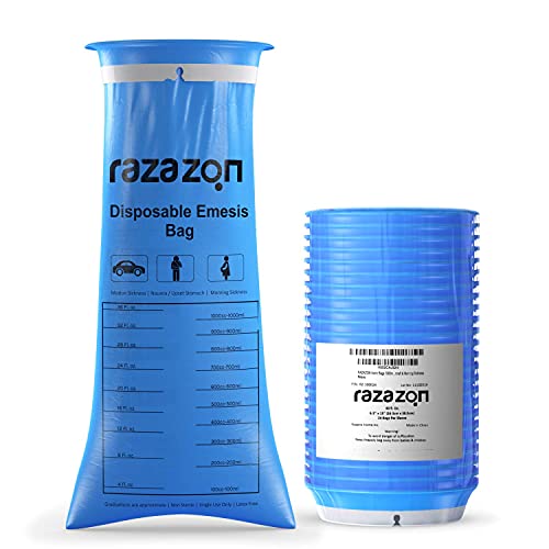 RAZAZON Vomit Bags Disposable Medical Grade for Adults 24 Pack Leak Resistant, Portable