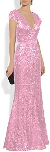 Mitchell SZ Women's V Neck Sequined Long Evening Dresses Formal Gowns Pink Size 16