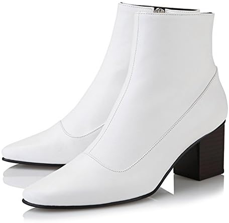 Yuul Yie Genuine Cow Leather Square Toe Middle High Stacked Heel Boots Booties For Women 7.5 White