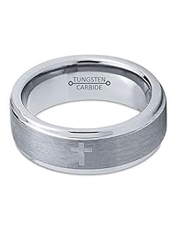 Charming Jewelers Anillo de boda de tungsteno de 0.315 in para hombres y mujeres, cruz cristiana, ajuste cómodo, borde biselado cepillado