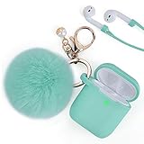 Airpods Case, Filoto Airpod Case Cover for Apple Airpods 2&1 Charging Case, Cute AirPods Silicon Case with Airpods Accessories Keychain/Skin/Pompom/Strap 2019 Summer Series (Mint Green)