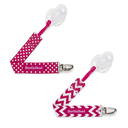 BooginHead Baby Newborn PaciGrip Pacifier Clip, Holder, Toy, Teether, Soothie, Universal Loop Girl, Pink Chevron, Pink Polka Dots, 2 Pack
