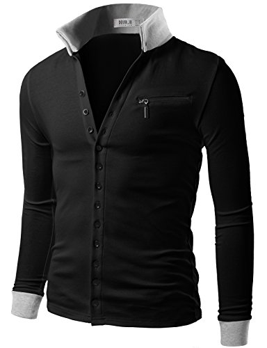 Doublju Men's Jersey Cardigan with Contrast Detail Black X-Large