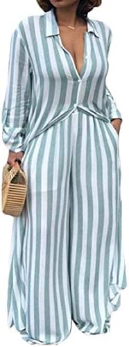 KLJR Omens 2 Piece Set Stripe Button Down Shirt Wide Leg Pants Jumpsuit