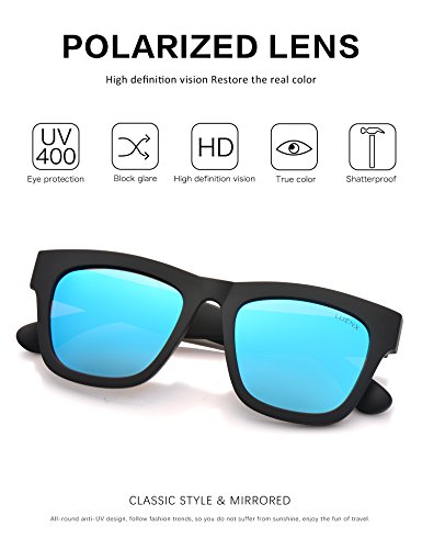 LUENX Mens Wayfarer Polarized Sunglasses UV 400 Protection Mirror Blue Lens Black Frame 58MM,by with Case