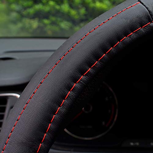 Bestobal Car Steering Wheel Cover Genuine Leather, Universal 15 Inch, Black with Red Lines - Durable, Anti Slip & Odor-Free
