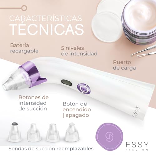 Essy Blackhead and Blackhead Sucker for Facial Cleansing (Lilac) | Deep Pore Suction, 5 Adjustable Intensity Levels, Rechargeable, 4 Suction Heads Suitable For All Skin Types