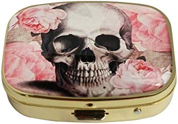 LCTCKP Custom Fashion Square Glass Gold Pill Case Decorative Metal Container Box (Rosa Skull)