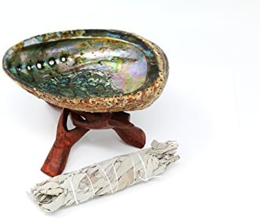 Inspiria Sage Smudge Kit with Natural 5-6” Pearlized Abalone Shell, 6” Wooden Tripod Stand and Organic California White Sage Smudge Stick