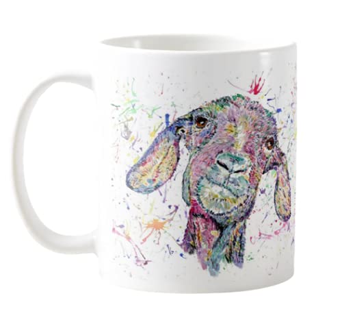 Vixar Goat Farm Animal Watercolour Rainbow Art Coloured Mug Cup, Gift, Birthday, Work, Office, Christmas Tea Coffee (White)