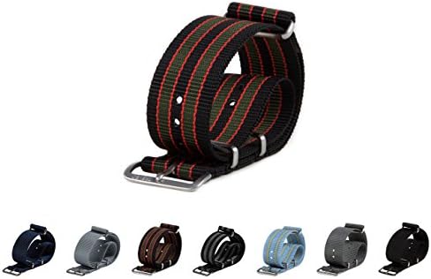 Treveo Premium Nato Watch Strap, Choice of Color &amp; Width (20mm or 22mm) (22mm - Brushed Hardware, Black/Red/Green (Vintage Bond))