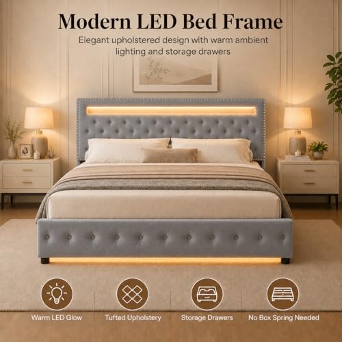 Queen Size LED Bed Frame with Adjustable Upholstered Headboard, LED Light Headboard Footboard, 4 Underbed Drawers, Wooden Slats Support, Metal Platform Bed Frame, No Box Spring Needed, Velvet Grey