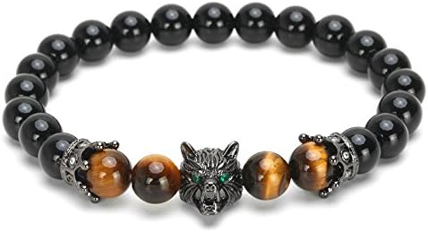 Magic Fish Black Male Bracelet 8mm Natural Black Beads Inlaid Zircon Wolf HeadBlack