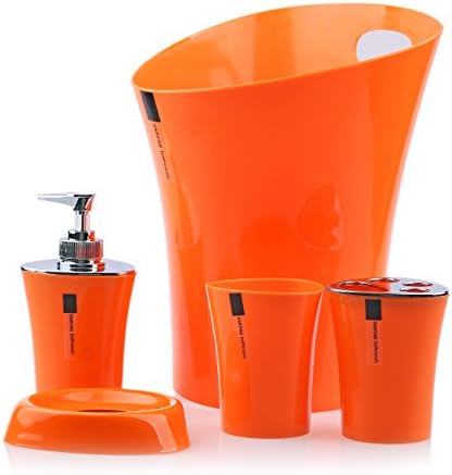5 Piece Plastic Bathroom Accessory Set Soap Dish,soap Dispenser,toothbrush Holder,tumbler and Waste Bin (Orange)