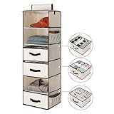 StorageWorks Hanging Closet Organizer, Foldable Closet Hanging Shelves with Drawer, Polyester Canvas, Natural, 6-Shelf
