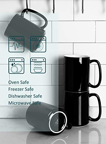 Teocera Porcelain Mugs, Coffee Mugs Set - 15 Ounces for Coffee, Cocoa, Tea - Large Handle - Set of 4, Black