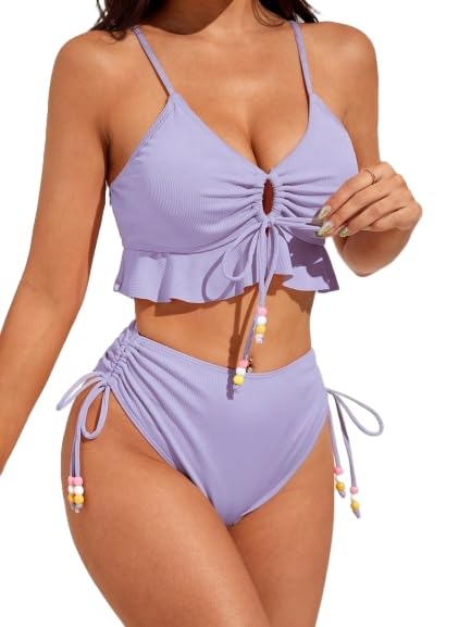Photo 1 of ***NO BOTTOM*** SKAYS Women's Two Piece Swimsuit Ruffle Bikini High Waisted Bikini Sets Halter Bathing Suit for Curvy Women with Drawstring MauvePurple X-Large
