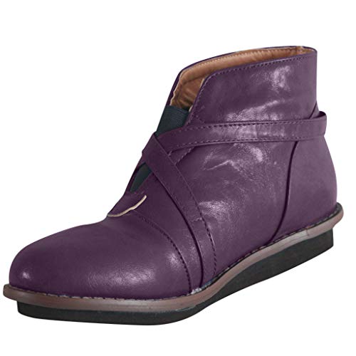 Dermanony Womens Retro Short Boots Comfortable Round Toe Buckle Strap Leather Boots Low-Heeled Casual Ankle Booties Purple