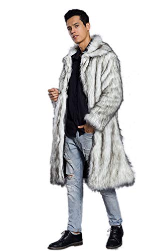 Old DIrd Men's Long Sleeve Fluffy Faux Fur Warm Coat Outerwear N02 Light Grey XL