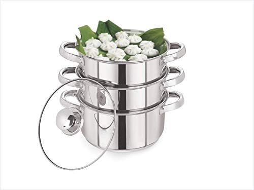 PoloPlus Tri Ply Induction Base Stainless Steel 3 Tier Multi Purpose Steamer with Glass Lid, 20 cm, 1Piece (3 Separate Tiers), Silver