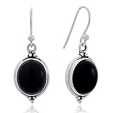 925 Oxidized Sterling Silver Natural Gemstone Oval Shaped Vintage Dangle Hook Earrings 1.3