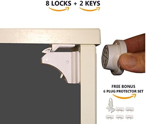 SWint Baby, Safety Magnetic cabinet and drawers invisible lock, 8 locks with 2 keys, 3M adhesive tape, fast & easy installation no drill needed + FREE 6 plug protector and 1 key.
