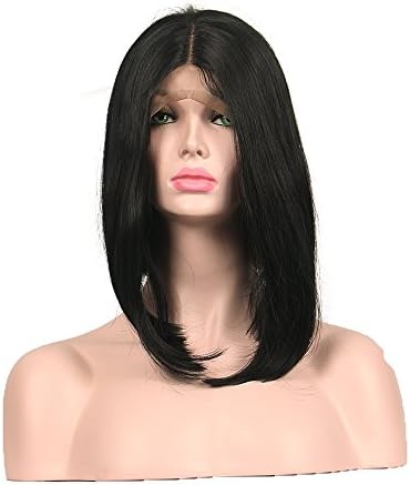 Wig Queen 200% Density Lace Front Synthetic Hair Wigs With Baby Hair Short Straight Bob Wig With Bangs Glueless Free Part Natural Hairline Wigs For Women(14" Black )