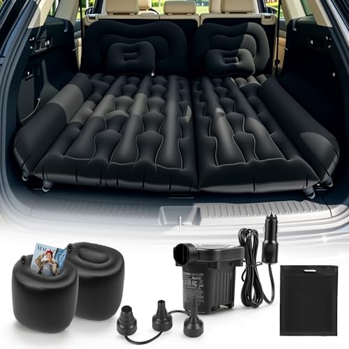 Inflatable Car Mattress, Camping SUV Mattress for Boot and Rear Bench, 12V Pump Included + 2 Pillows, 2 Fillers, Soft Waterproof Flocked Surface, Suitable for Car RV MPV Van