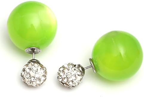 Idin Double-Sided Earrings - Double sided green acrylic imitated cat eye ball with polymer clay crystal rhinestone bead ear studs (approx. 0.3" and 0.6")