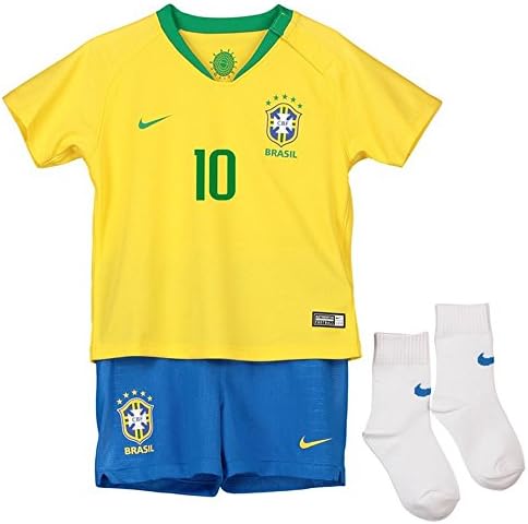 Brazil Home Stadium Kit 2018 Neymar Kids #10 Soccer Jersey and Free Shorts for Boys (10-11Y)