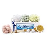 Healthyezz Loofah, back brush, shower hook Bundle. Boar Bristle Long Wooden Handle Wet or Dry Body Brush, 4 Loofah Bath Poufs and Two Suction Hooks for Loofah & Exfoliating Brush –